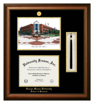 George Mason University School of Business Double Opening with Campus Image & Tassel Box (Stacked) Frame in Satin Walnut with Black & Gold Mats for document: 8 1/2"h x 11"w  