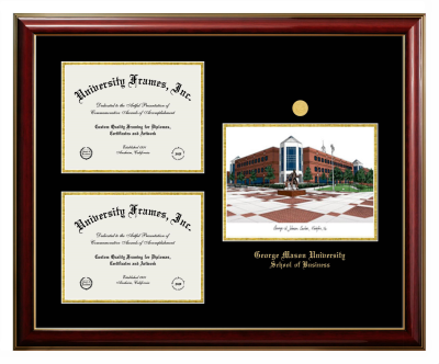 George Mason University School of Business Triple Opening with Campus Image Frame in Classic Mahogany with Gold Trim with Black & Gold Mats for document: 8 1/2"h x 11"w  , document: 8 1/2"h x 11"w  