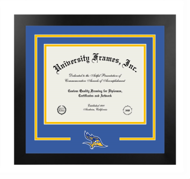 California State University, Bakersfield Logo Mat Frame in Manhattan Black with Royal Blue & Amber Mats for document: 8 1/2"h x 11"w  