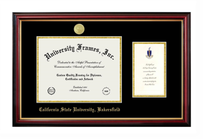 California State University, Bakersfield Diploma with Announcement Frame in Petite Mahogany with Gold Trim with Black & Gold Mats for document: 8 1/2"h x 11"w  , diploma: 7"h x 4"w  