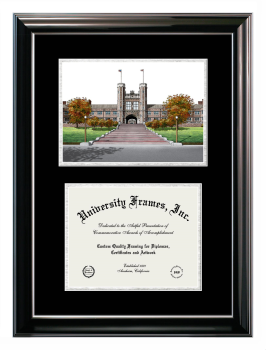 Washington University in St. Louis Double Opening with Campus Image (Stacked) Frame in Classic Ebony with Silver Trim with Black & Silver Mats for document: 8 1/2"h x 11"w  
