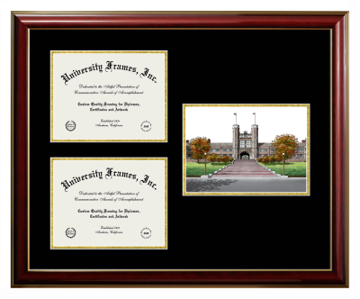 Washington University in St. Louis Triple Opening with Campus Image Frame in Classic Mahogany with Gold Trim with Black & Gold Mats for document: 8 1/2"h x 11"w  , document: 8 1/2"h x 11"w  