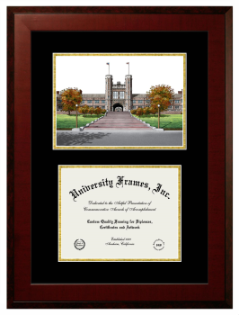 Washington University in St. Louis Double Opening with Campus Image (Unimprinted Mat) Frame in Honors Mahogany with Black & Gold Mats for document: 8 1/2"h x 11"w  