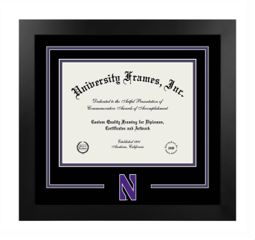 Northwestern University Logo Mat Frame in Manhattan Black with Black & Purple Mats for document: 8 1/2"h x 11"w  
