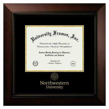 Northwestern University Diploma with Wordmark & Seal Below Frame in Legacy Black Cherry with Black & Gold Mats for document: 8 1/2"h x 11"w  