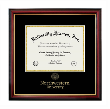 Northwestern University Diploma with Wordmark & Seal Below Frame in Petite Mahogany with Gold Trim with Black & Gold Mats for document: 8 1/2"h x 11"w  