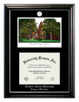 Northern Arizona University College of Education Double Opening with Campus Image (Stacked) Frame in Classic Ebony with Silver Trim with Black & Silver Mats for document: 8 1/2"h x 11"w  
