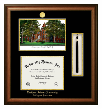 Northern Arizona University College of Education Double Opening with Campus Image & Tassel Box (Stacked) Frame in Satin Walnut with Black & Gold Mats for document: 8 1/2"h x 11"w  