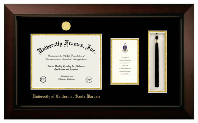 University of California, Santa Barbara Diploma with Announcement & Tassel Box Frame in Legacy Black Cherry with Black & Gold Mats for document: 8 1/2"h x 11"w  , diploma: 7"h x 4"w  