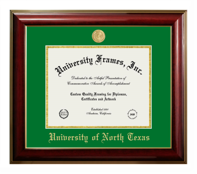 University of North Texas Diploma Frame in Classic Mahogany with Gold Trim with Kelly Green & Gold Mats for document: 8 1/2"h x 11"w  