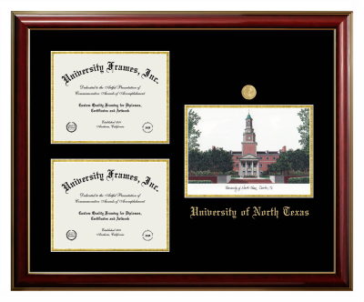 University of North Texas Triple Opening with Campus Image Frame in Classic Mahogany with Gold Trim with Black & Gold Mats for document: 8 1/2"h x 11"w  , document: 8 1/2"h x 11"w  