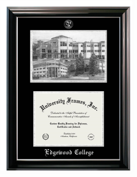 Edgewood College Double Opening with Campus Image (Stacked) Frame in Classic Ebony with Silver Trim with Black & Silver Mats for document: 8 1/2"h x 11"w  
