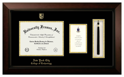 New York City College of Technology (CUNY) Diploma with Announcement & Tassel Box Frame in Legacy Black Cherry with Black & Gold Mats for document: 8 1/2"h x 11"w  , diploma: 7"h x 4"w  