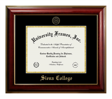 Siena College Diploma Frame in Classic Mahogany with Gold Trim with Black & Gold Mats for document: 8 1/2"h x 11"w  
