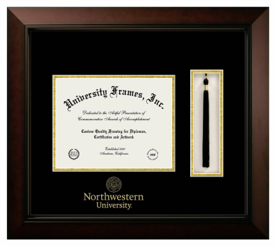 Northwestern University Diploma With Wordmark & Seal Below with Tassel Box Frame in Legacy Black Cherry with Black & Gold Mats for document: 8 1/2"h x 11"w  