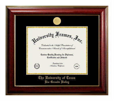 University of Texas Rio Grande Valley Diploma Frame in Classic Mahogany with Gold Trim with Black & Gold Mats for document: 8 1/2"h x 11"w  