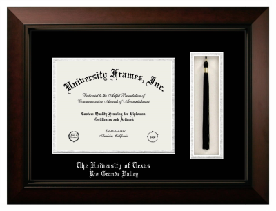 University of Texas Rio Grande Valley Diploma with Tassel Box Frame in Legacy Black Cherry with Black & Silver Mats for document: 8 1/2"h x 11"w  