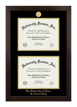 University of Texas Rio Grande Valley Double Diploma Frame in Manhattan Espresso with Black & Gold Mats for document: 8 1/2"h x 11"w  , document: 8 1/2"h x 11"w  