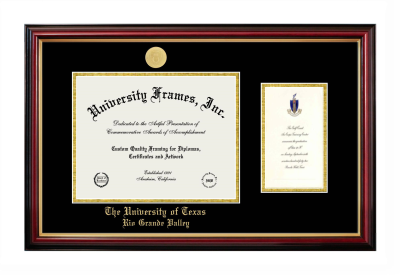 University of Texas Rio Grande Valley Diploma with Announcement Frame in Petite Mahogany with Gold Trim with Black & Gold Mats for document: 8 1/2"h x 11"w  , diploma: 7"h x 4"w  
