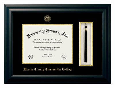Mercer County Community College Diploma with Tassel Box Frame in Satin Black with Black & Gold Mats for document: 8 1/2"h x 11"w  