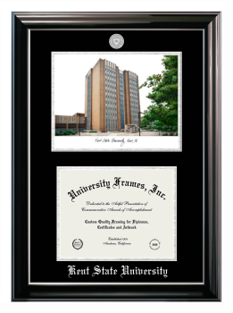 Kent State University Double Opening with Campus Image (Stacked) Frame in Classic Ebony with Silver Trim with Black & Silver Mats for document: 8 1/2"h x 11"w  