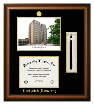 Kent State University Double Opening with Campus Image & Tassel Box (Stacked) Frame in Satin Walnut with Black & Gold Mats for document: 8 1/2"h x 11"w  