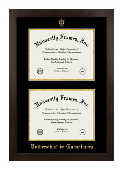 Universidad de Guadalajara Double Diploma Frame in Manhattan Espresso with Black & Gold Mats for document: 8 1/2"h x 11"w  , document: 8 1/2"h x 11"w  