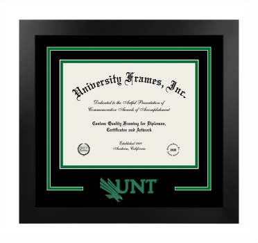 University of North Texas Logo Mat Frame in Manhattan Black with Black & Kelly Green Mats for document: 8 1/2"h x 11"w  