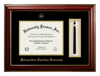 Metropolitan Christian University Diploma with Tassel Box Frame in Classic Mahogany with Gold Trim with Black & Gold Mats for document: 8 1/2"h x 11"w  