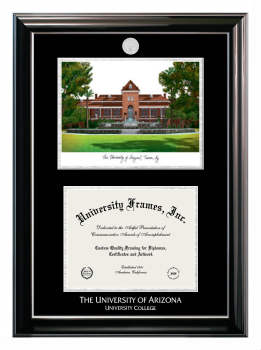 University of Arizona University College Double Opening with Campus Image (Stacked) Frame in Classic Ebony with Silver Trim with Black & Silver Mats for document: 8 1/2"h x 11"w  