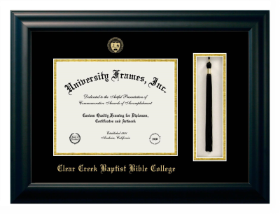 Clear Creek Baptist Bible College Diploma with Tassel Box Frame in Satin Black with Black & Gold Mats for document: 8 1/2"h x 11"w  