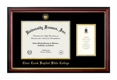 Clear Creek Baptist Bible College Diploma with Announcement Frame in Petite Mahogany with Gold Trim with Black & Gold Mats for document: 8 1/2"h x 11"w  , diploma: 7"h x 4"w  
