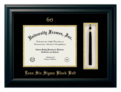 Lean Six Sigma Black Belt Diploma with Tassel Box Frame in Satin Black with Black & Gold Mats for document: 8 1/2"h x 11"w  