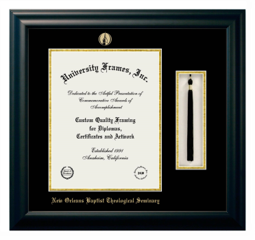 New Orleans Baptist Theological Seminary Diploma with Tassel Box Frame in Satin Black with Black & Gold Mats for document: 14"h x 11"w  