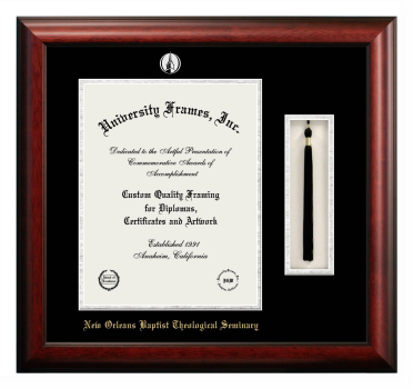New Orleans Baptist Theological Seminary Diploma with Tassel Box Frame in Satin Mahogany with Black & Silver Mats for document: 14"h x 11"w  