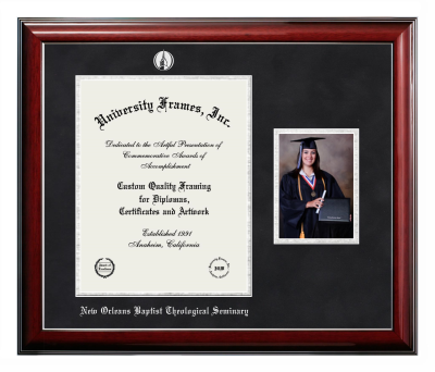 New Orleans Baptist Theological Seminary Diploma with 5 x 7 Portrait Frame in Classic Mahogany with Silver Trim with Black Suede & Silver Mats for document: 14"h x 11"w  