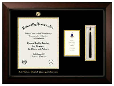 New Orleans Baptist Theological Seminary Diploma with Announcement & Tassel Box Frame in Legacy Black Cherry with Black & Gold Mats for document: 14"h x 11"w  , diploma: 7"h x 4"w  