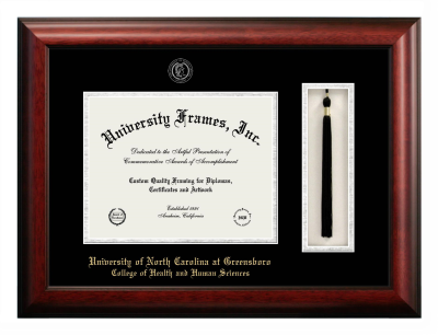 University of North Carolina at Greensboro College of Health and Human Sciences Diploma with Tassel Box Frame in Satin Mahogany with Black & Silver Mats for document: 8 1/2"h x 11"w  