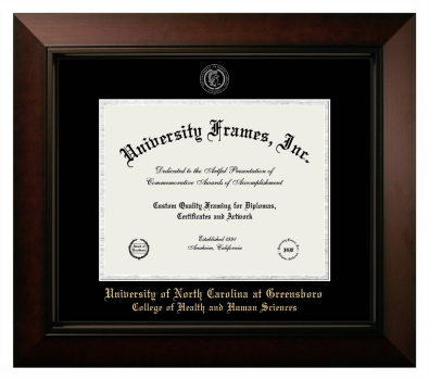 University of North Carolina at Greensboro College of Health and Human Sciences Diploma Frame in Legacy Black Cherry with Black & Silver Mats for document: 8 1/2"h x 11"w  