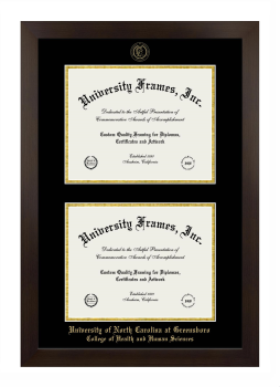 University of North Carolina at Greensboro College of Health and Human Sciences Double Diploma Frame in Manhattan Espresso with Black & Gold Mats for document: 8 1/2"h x 11"w  , document: 8 1/2"h x 11"w  