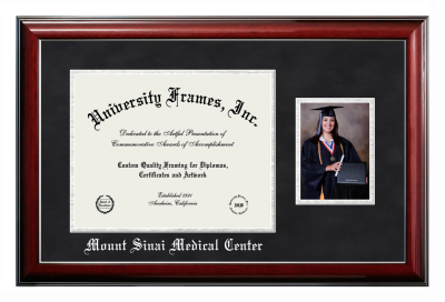 Mount Sinai Medical Center Diploma with 5 x 7 Portrait Frame in Classic Mahogany with Silver Trim with Black Suede & Silver Mats for document: 11"h x 14"w  