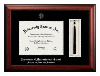 University of Massachusetts Global School of Arts and Sciences Diploma with Tassel Box Frame in Satin Mahogany with Black & Silver Mats for document: 8 1/2"h x 11"w  