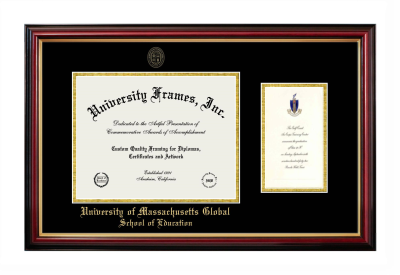 University of Massachusetts Global School of Education Diploma with Announcement Frame in Petite Mahogany with Gold Trim with Black & Gold Mats for document: 8 1/2"h x 11"w  , diploma: 7"h x 4"w  