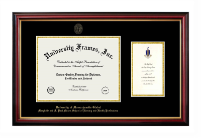University of Massachusetts Global Marybelle and S. Paul Musco School of Nursing and Health Professions Diploma with Announcement Frame in Petite Mahogany with Gold Trim with Black & Gold Mats for document: 8 1/2"h x 11"w  , diploma: 7"h x 4"w  