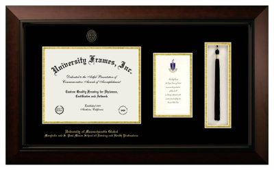 University of Massachusetts Global Marybelle and S. Paul Musco School of Nursing and Health Professions Diploma with Announcement & Tassel Box Frame in Legacy Black Cherry with Black & Gold Mats for document: 8 1/2"h x 11"w  , diploma: 7"h x 4"w  