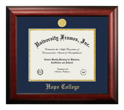 Hope College Diploma Frame in Satin Mahogany with Navy Blue & Gold Mats for document: 8 1/2"h x 11"w  