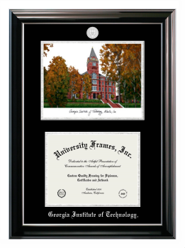 Georgia Institute of Technology Double Opening with Campus Image (Stacked) Frame in Classic Ebony with Silver Trim with Black & Silver Mats for document: 8 1/2"h x 11"w  