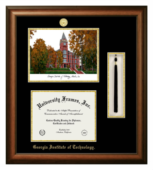 Georgia Institute of Technology Double Opening with Campus Image & Tassel Box (Stacked) Frame in Satin Walnut with Black & Gold Mats for document: 8 1/2"h x 11"w  