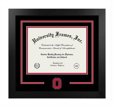 Ohio State University Austin E. Knowlton School of Architecture Logo Mat Frame in Manhattan Black with Black & Red Mats for document: 8 1/2"h x 11"w  