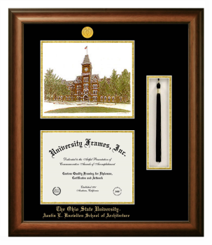 Ohio State University Austin E. Knowlton School of Architecture Double Opening with Campus Image & Tassel Box (Stacked) Frame in Satin Walnut with Black & Gold Mats for document: 8 1/2"h x 11"w  